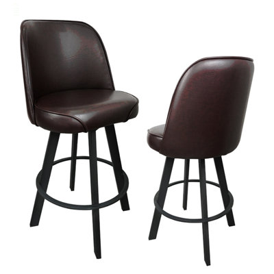 Set of 2 commercial-grade, super comfortable upholstered swivel bucket-seat bar stools with metal frame. Suitable for restaurant, café, and home kitchen counter seating. Assembly required