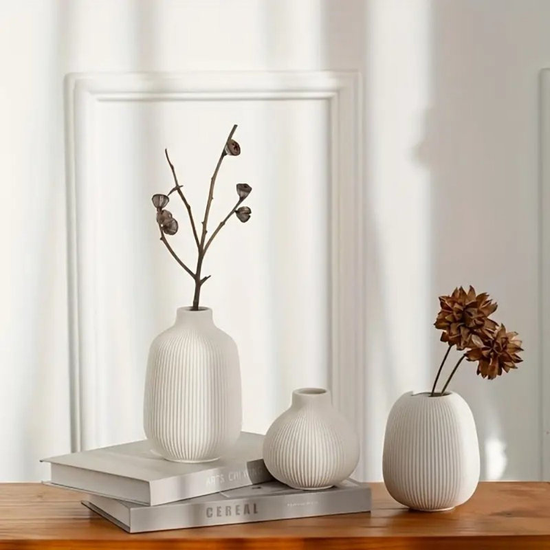 Ensemble de 3 vases en céramique à rayures minimalistes - blanc rustique, design texturé pour décoration intérieure moderne | Idéal pour les fleurs séchées et la culture hydroponique | Vase en forme de cylindre, aucune pile requise, vases