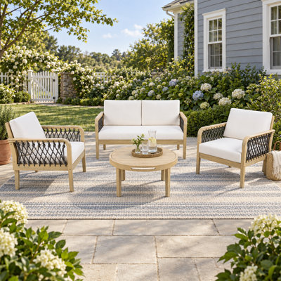 Ensemble de conversation pour patio 4 pièces, canapé en bois d'acacia avec accoudoirs tissés en corde et coussins amovibles