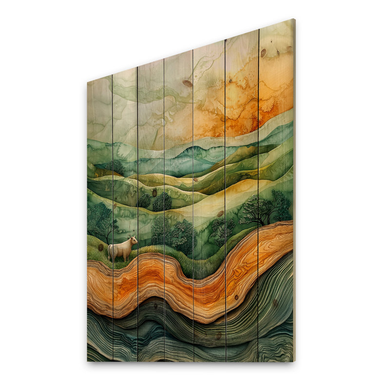 «Cows Into A Summer Field Landscape I», reproduction de bois de vache sur bois de pin naturel, H 44 po x l 34 po x P 0,78 po