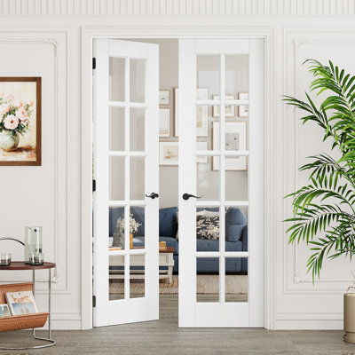 Interior 10-Lite Clear Glass Door, CARB P2 MDF & SGCC Tempered Glass French Doors, Matte Black Hardware-Privacy Door Lever with Lock, Latch & Hinges, Pre‑Finished & Waterproof, Pantry, Bedroom, Bathroom & Closet, Easy DIY Stain, 48"x 80"