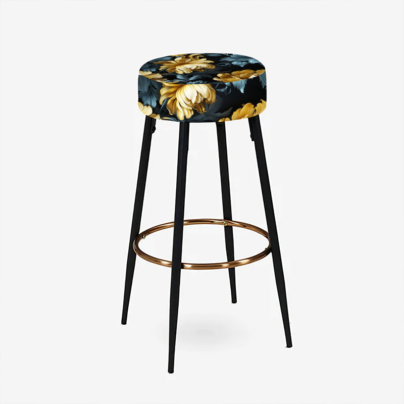 Elodea - Ensemble de 2 tabourets de bar à imprimé, Glamour damassé bleu foncé et doré doré
