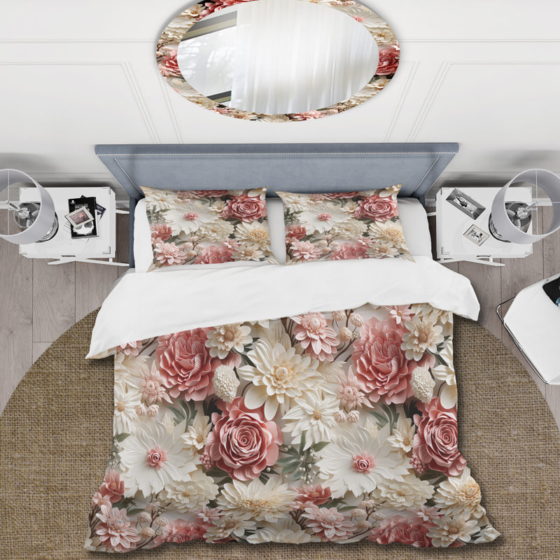 Ensemble de housse de couette floral rose et blanc, Housse de couette pour très grand lit et 2 très