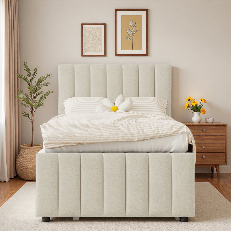 Lit plateforme simple tapissier avec lit gigogne et 3 tiroirs, Beige