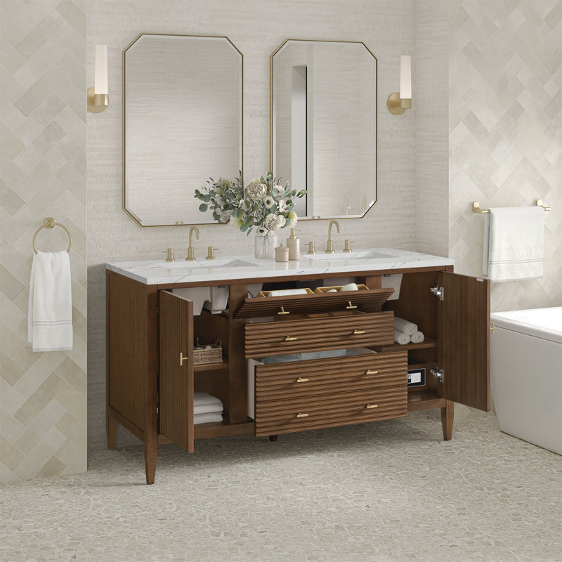 Myrrin 60'' W Double Vanity, Mid-Century Walnut, Ethereal Noctis, 8" Widespread