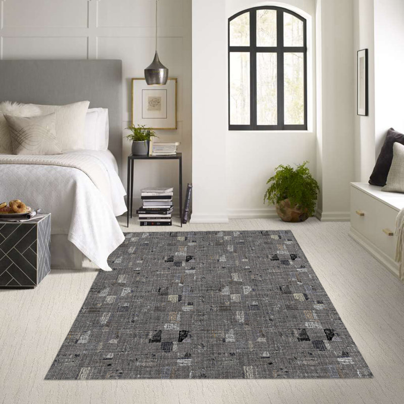 Tapis intérieur / extérieur gris en polyester tissé à la machine, Rectangle de 2 pi x 3 pi