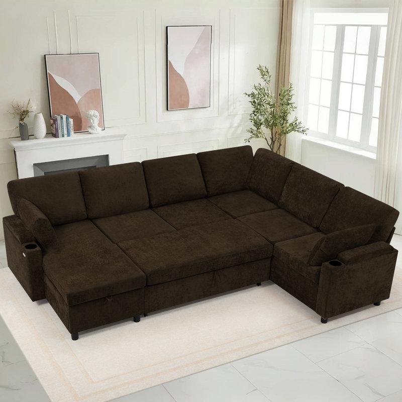 110" Modular Chenille Sofa With Usb Charging Ports, Sectional U-Shaped Sofa With Pull-Out Bed, Sleeper Couch With Storage Chaise For Living Room