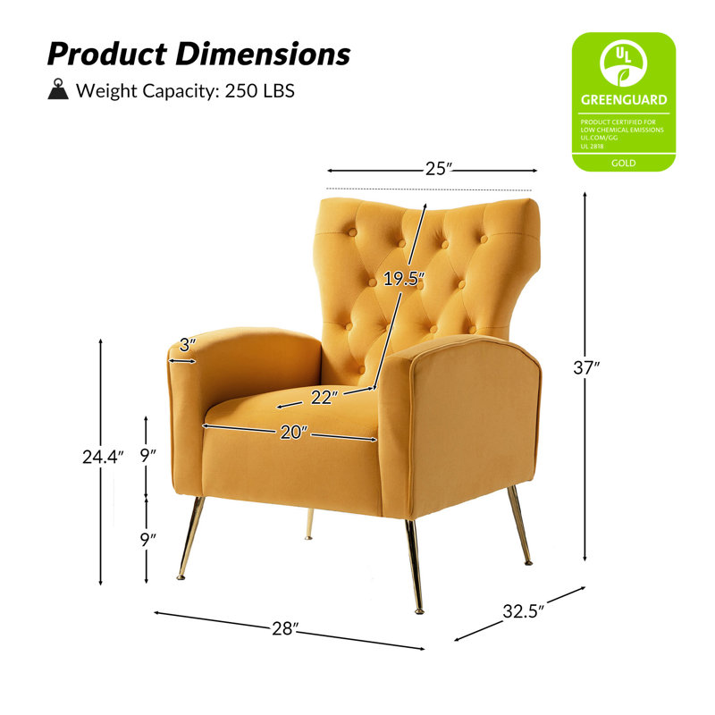 Consolata 37" H Velvet Wingback Chair with Button Tufting and Metal Legs, Mustard Velvet