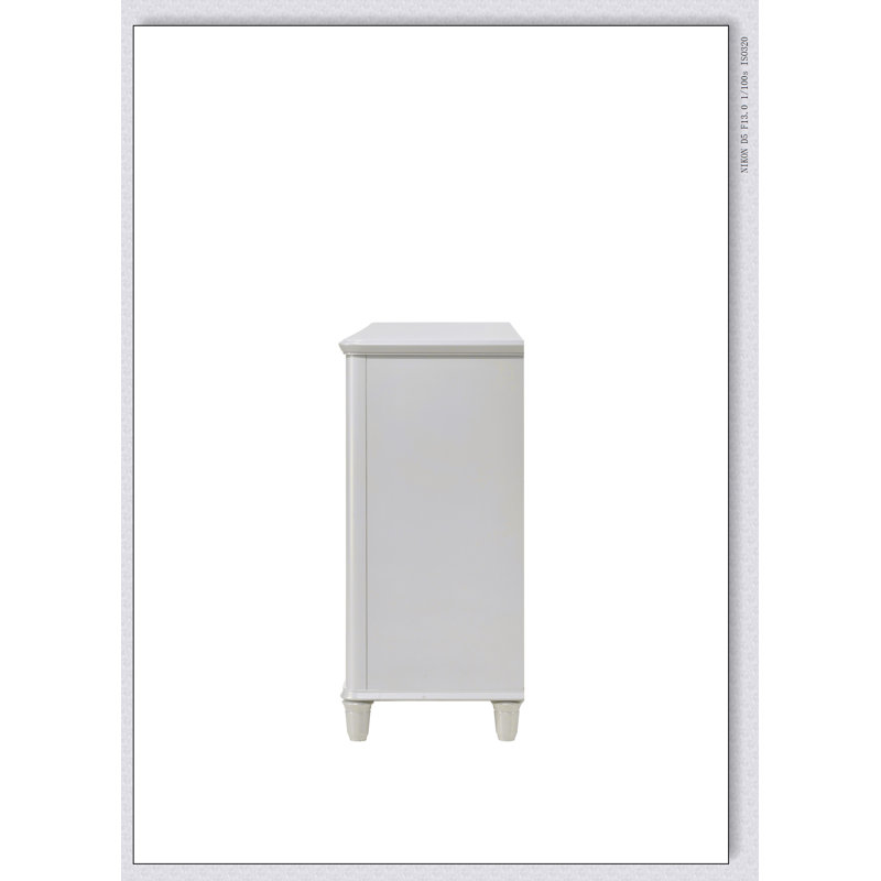 Commode à finition blanche perle Laveda avec six tiroirs spacieux et un plateau à bijoux caché pour les chambres modernes