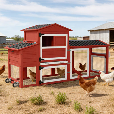 Chicken Coop with Run Large Hen House on Wheels Chicken House Poultry Cage with Nesting Box, Leakproof Pull-Out Tray, Waterproof Roof for 2-4 Chickens