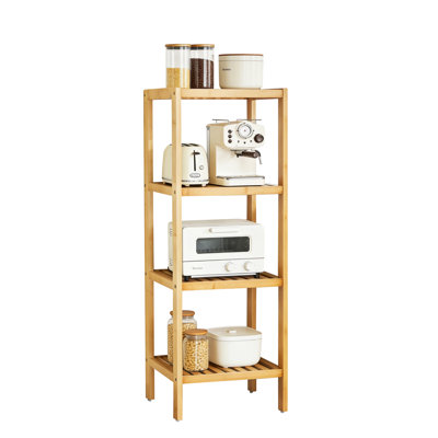 Space-Saving 4-Tier Wooden Corner Shelf, Freestanding Narrow Floor Standing Storage Rack with Slatted Shelves for Bathroom/Kitchen/Bedroom, Towel & Plant Stand, 13 x 13 x 38.5 in