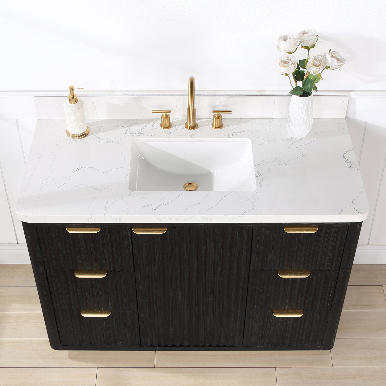 Adela 48'' Single Bathroom Vanity, Black, White, Gold