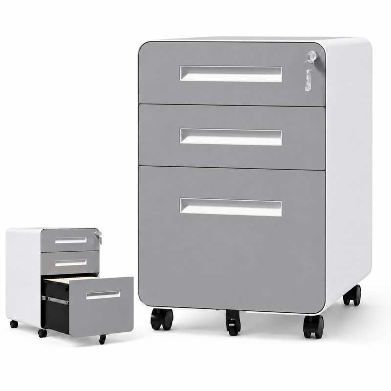 Classeur mobile Bizoe gris à 3 tiroirs avec serrure, homologué BIFMA, coins arrondis pour bureau à domicile, White+grey