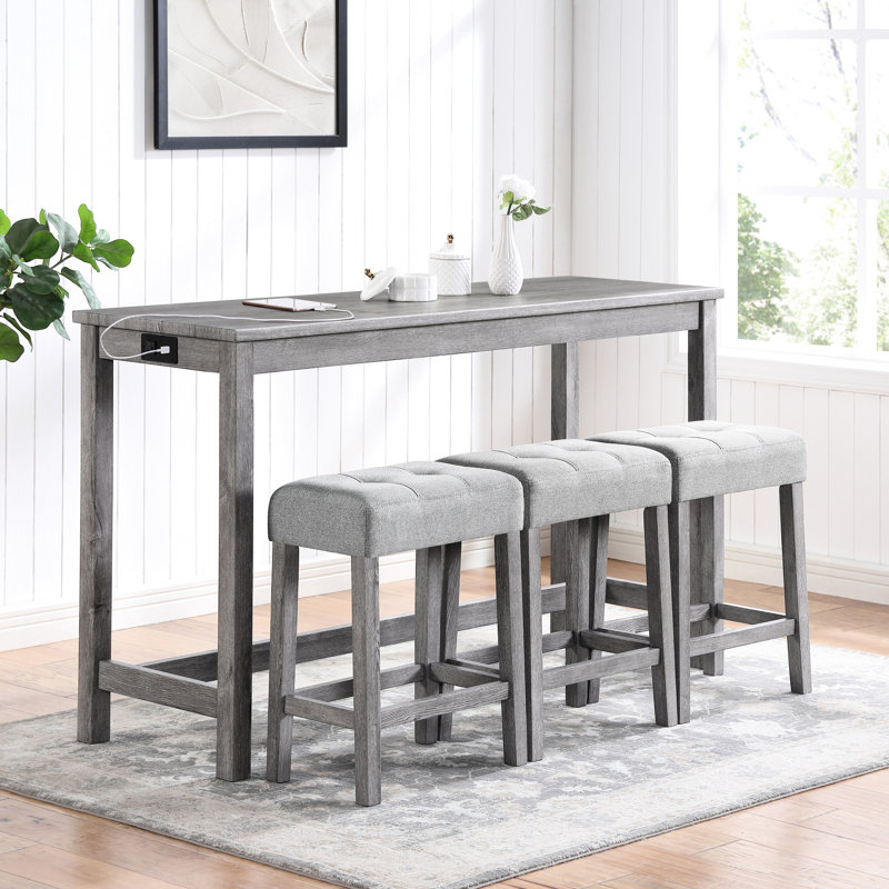 Table de petit-déjeuner industrielle avec prise électrique, ensemble de 4 pièces pour cuisine et salon - Sièges ergonomiques aspect bois, coin repas avec prises électriques, chaises de bar grises en mousse à mémoire de forme