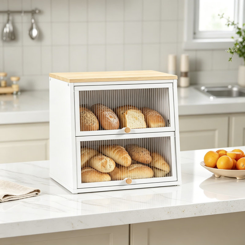 Boîte à pain pour comptoir de cuisine, contenant de rangement à pain en métal à 2 niveaux avec porte ondulée en acrylique, plateau en bambou, joint magnétique, base antidérapante