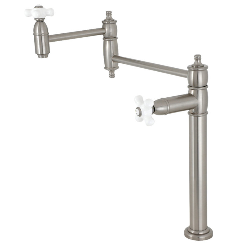Kingston Brass Restoration Two-Handle 1-Hole Deck Mount Pot Filler Faucet, Brushed Nickel/White