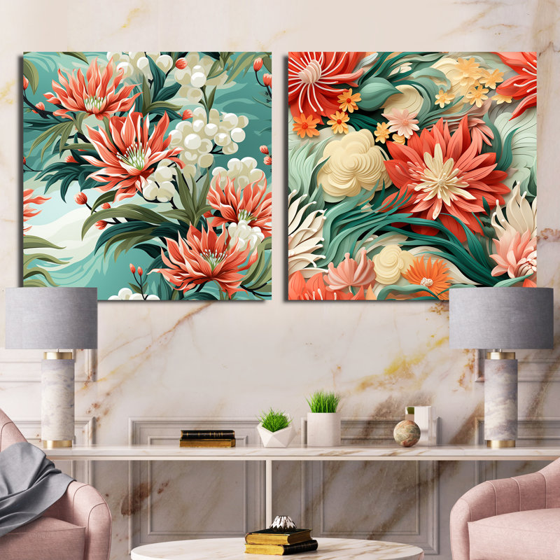 Tropical Coastal Escape - Ensemble de 2 collages carrés floraux, Toile tendue, H 30 po x l 61 po