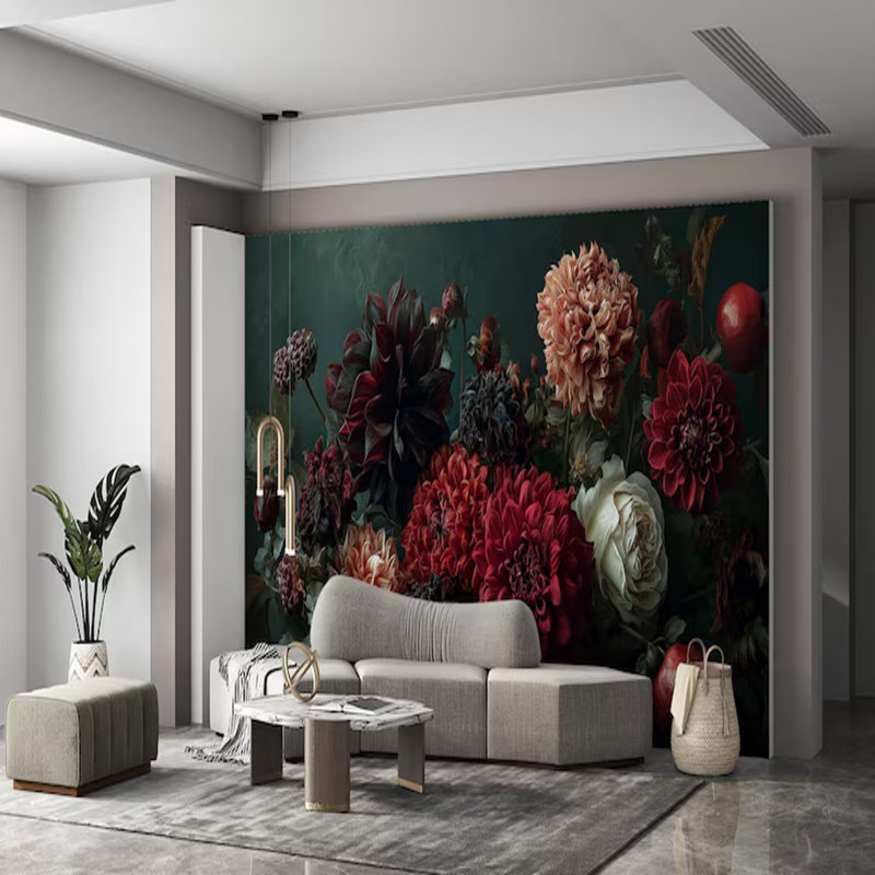 Fleurs profondes bourgogne rétro, L 106 po x l 138 po