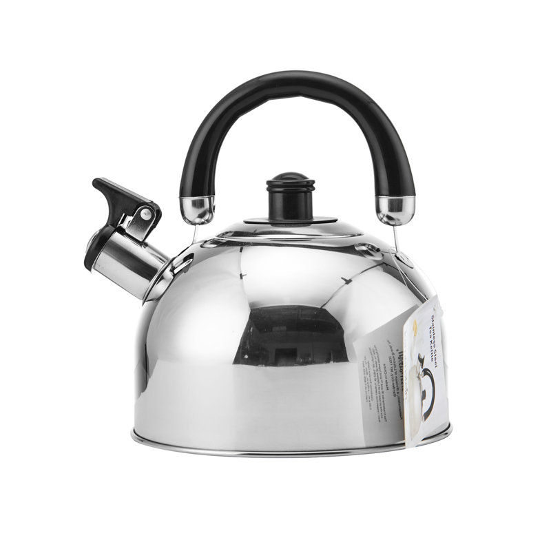 Polished Stainless Steel Whistling Tea Kettle with Black Handle
