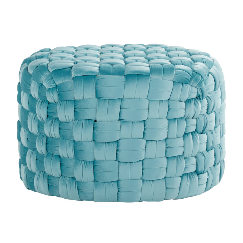 Pouf rond tressé de 61 cm en velours bleu glacier - Repose-pieds et siège d'appoint contemporain, Bleu