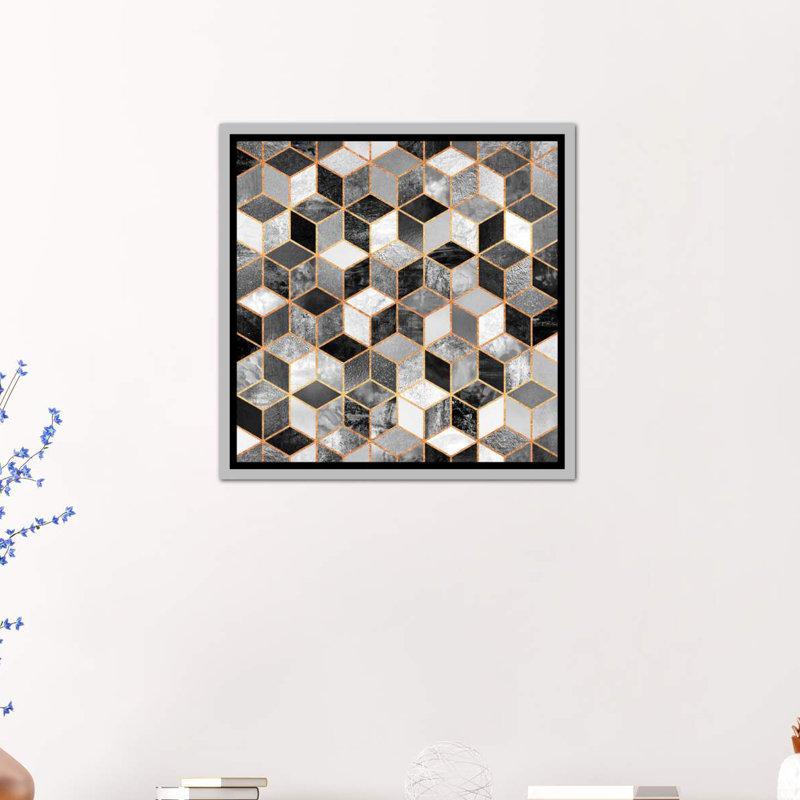 «Black and White Cubes» par Elisabeth Fredriksson - impression d'art graphique, Toile avec cadre argenté