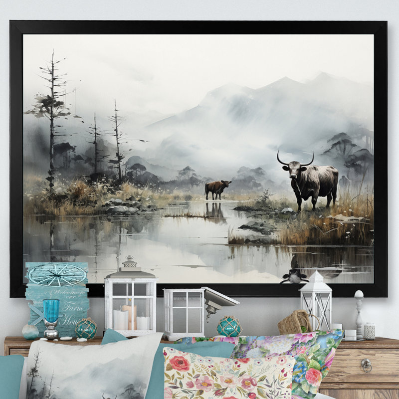 «Asian Art Cow Sumi» - reproduction d'art, H 24 po x l 32 po x P 1 po, Cadre photo noir