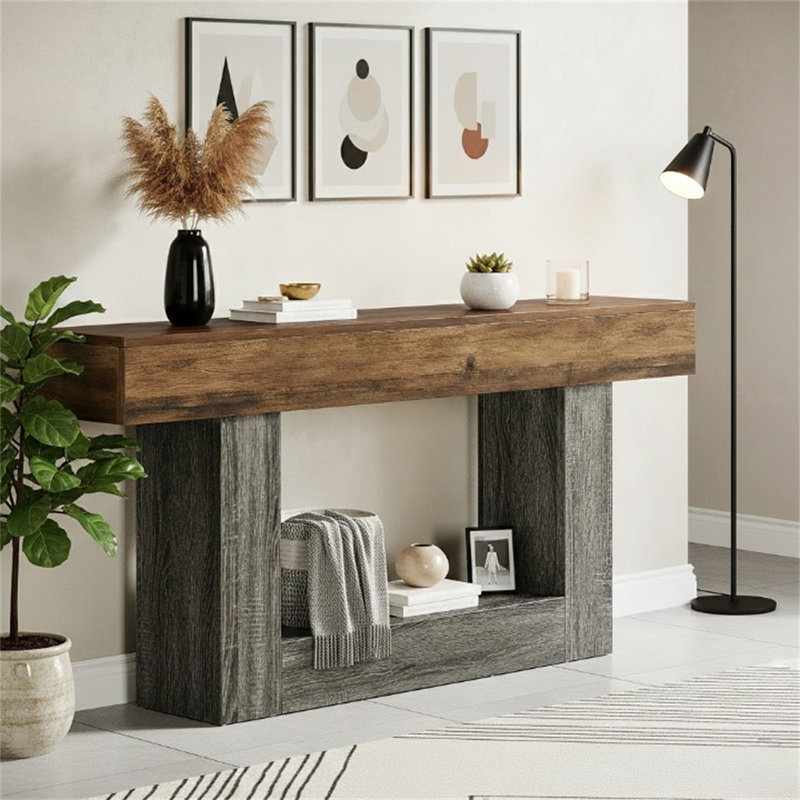 63" Wooden Console Table, Farmhouse 2-Tier Sofa Table Entryway Table, Brown, Gray