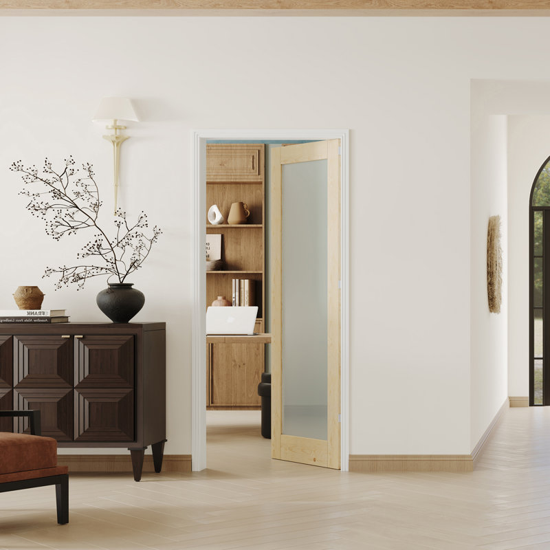 Dalle de porte intérieure en verre givré 1 Lite - Cadre en bois aggloméré / pin avec cadre réglable et charnières pré-suspendues (la porte et le cadre sont livrés séparément)