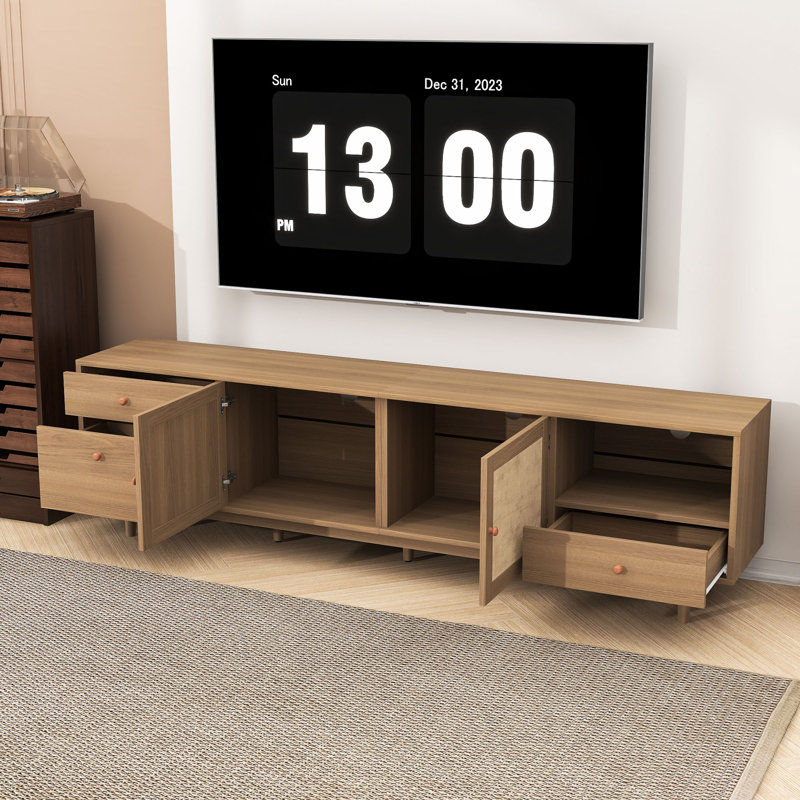 Modern TV Stand with Rattan Doors, Cabinets, Open Shelving and Drawers
