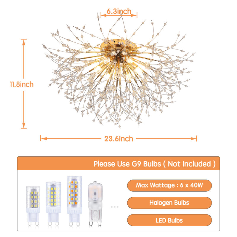 6-Lights Gold Crystal Dimmable Sputnik Sphere Globe Chandelier LED Ceiling Lighting Fixtures