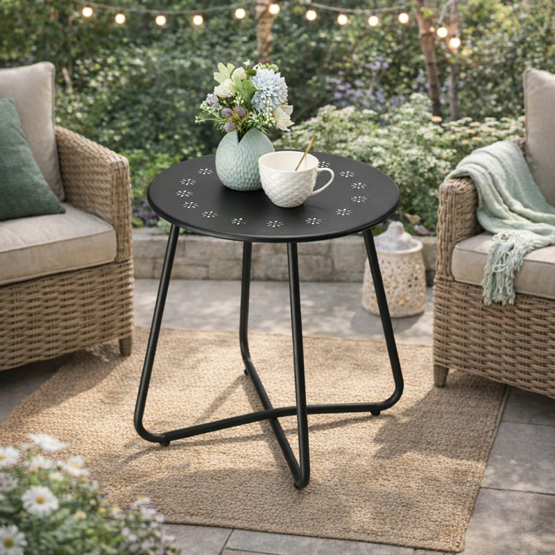 Table d'appoint ronde en métal avec découpes décoratives, table de bout d'extérieur résistante aux intempéries pour le jardin, le balcon et le patio
