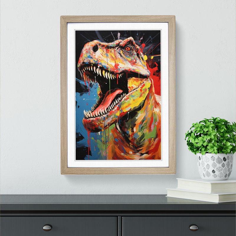 XYZ-FRM-V1223-1660 Tyrannosaurus Rex Dadaism - Single Picture Frame Print on Wood, 46cm H x 34cm W x 2cm D, Oak