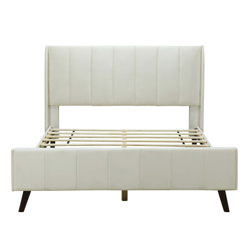 Lit plateforme tapissier, velours, Beige, Grand