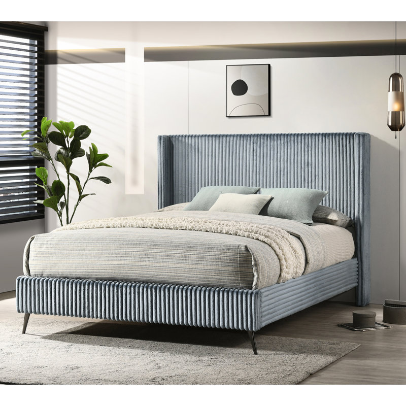 Blue Queen Bed - Engaging Wide Wale Corduroy Upholstery, Stylish Wing Back Headboard, 4 Wooden Slats Sized Enticing