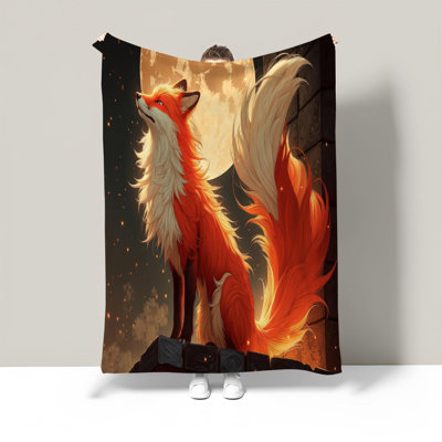 Boho Nine-Tailed Fox Animals Sherpa Throw Blanket,Full Moon Fantasy Art Style Throw,Ultra Soft,Warm,Cozy,Plush,Thick Fleece Bohemian Throw Blanket for Couch,Bed,Sofa,Orange-red, 40 x 50 in