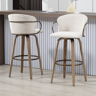 Set of 2 Bette Beige Washed Woven Fabric Swivel Bar Stool with Wood Legs and Copper Iron Arms by Corrigan Studio