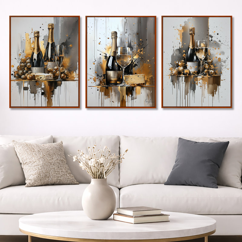 «Wine Cheese Glam Explosion - Gold Wine», art mural encadré 3 pièces, Cadre flottant brun, H 32 po x l 72 po