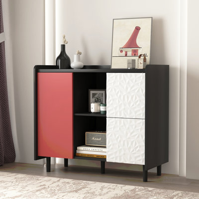 Armoire de rangement Buffet avec portes rouges 2 tiroirs avec panneau unique et 2 compartiments de rangement ouverts, armoire à café moderne pour la cuisine, la salle à manger