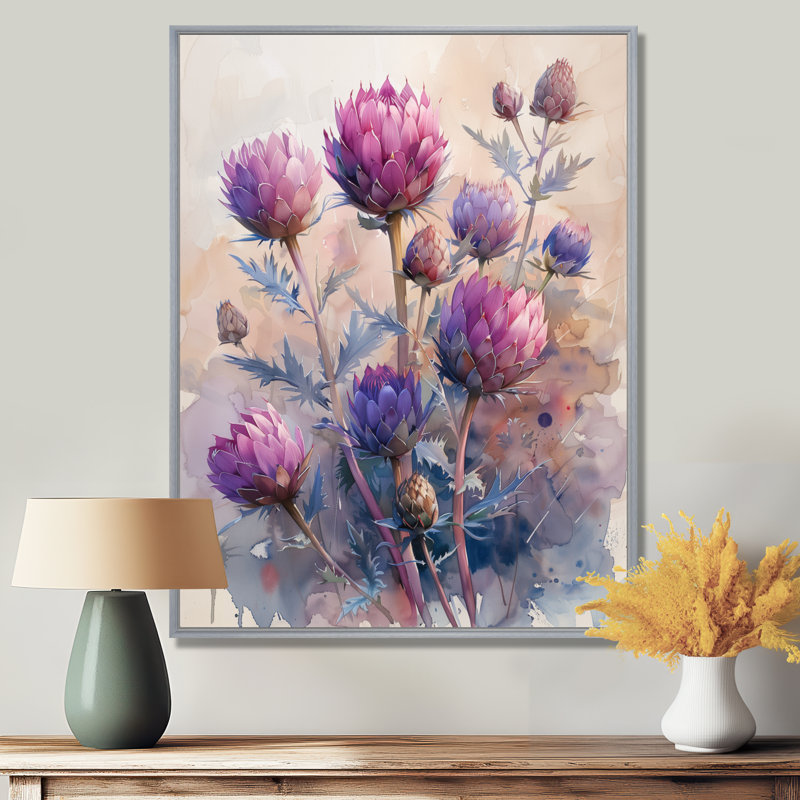 Matinée d'été, chardon mauve, fleurs - chardon, art mural, Toile argentée avec cadre flottant, H 20 po x l 12 po x P 1 po