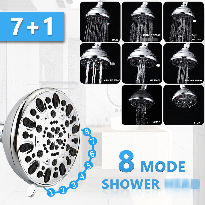 Douche de pluie 5 pouces et 7 jets avec glissière de 26 po, installation facile, angle réglable, buses, débit stable de 1,8 gal / min, commande manuelle