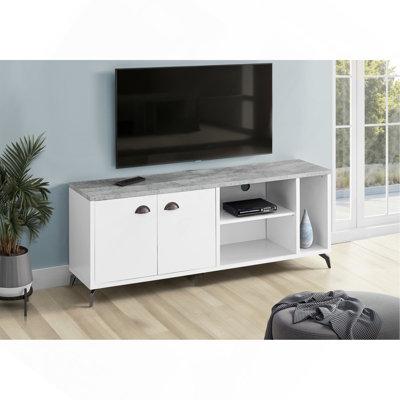 Meuble télé moderne de 60 po avec rangement, console multimédia contemporaine pour le salon et la chambre à coucher, finition blanche, pieds en métal