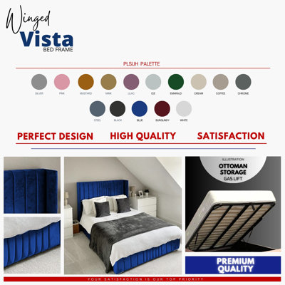 Vista Wingback Ottoman Storage Bed - Plush Velvet Gas Lift Bed Frame with Headboard