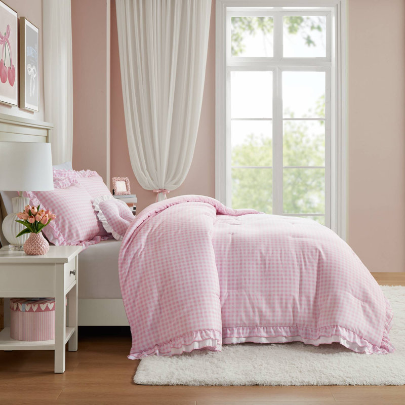 Ensemble d'édredon de style contemporain, Édredon grand et 3 pièces supplémentaires, Carreaux roses