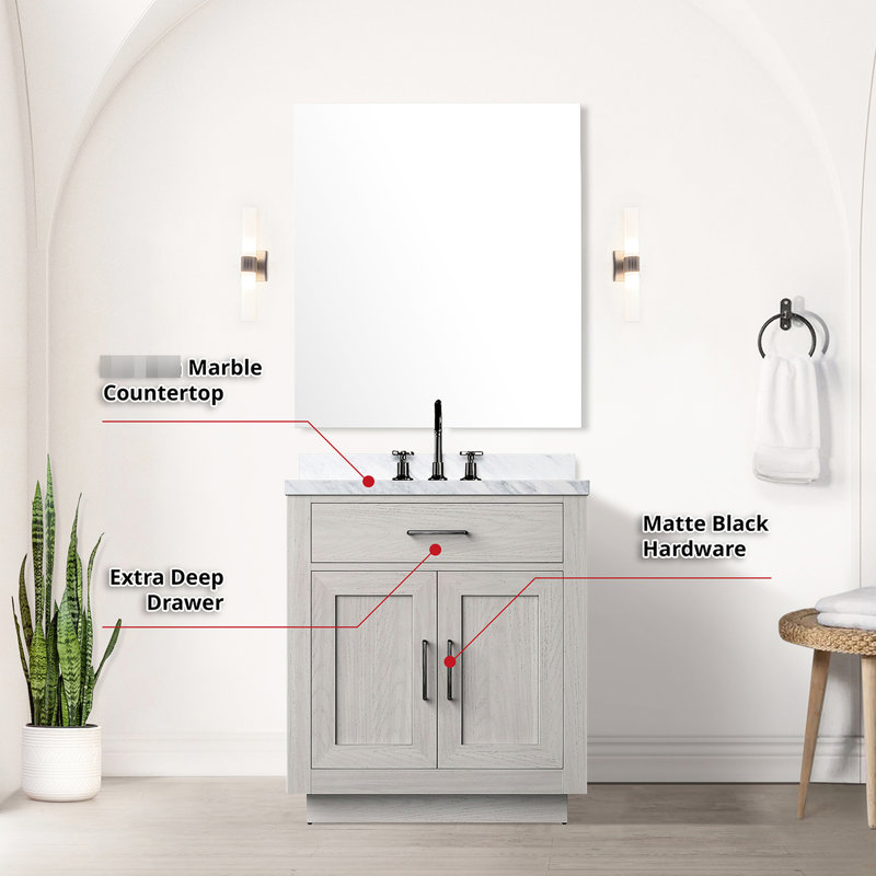 30 po Meuble-lavabo en chêne blanc avec comptoir en marbre, robinet et miroir 28 po x 28 po