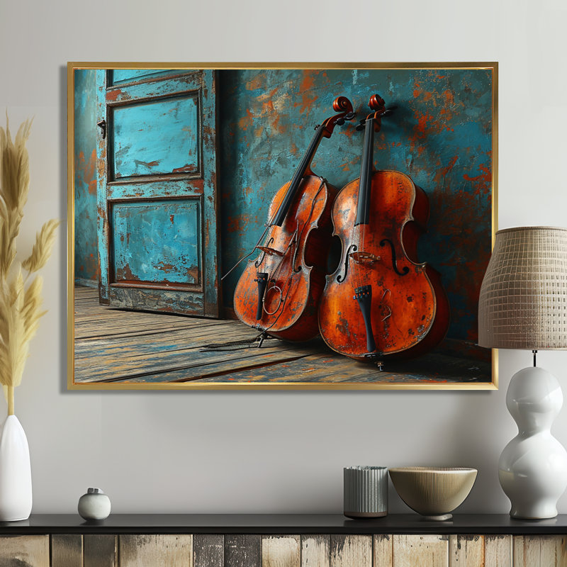 Deux violons dans une chambre bleue sarcelle rustique - musique, art mural, Toile avec cadre flottant or