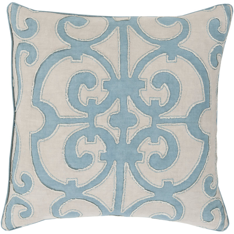 Appliqued Linen Throw Pillow, 18" x 18", Aqua/Light Gray, Polyester