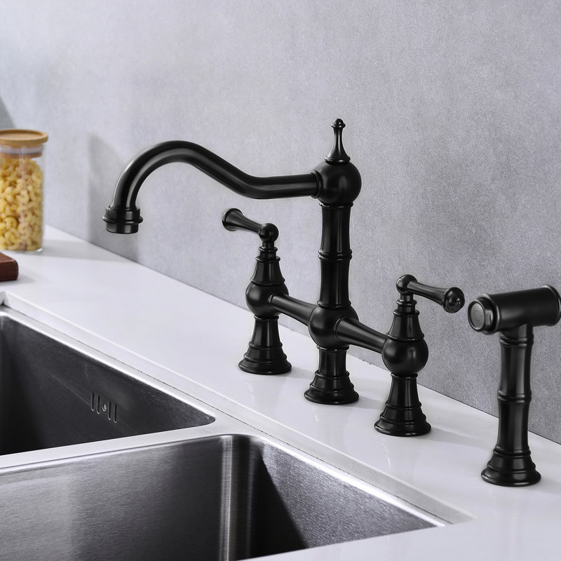Matte Black Pull-Out Side Spray Kitchen Faucet, Bridge Dual Handles, Brass, Corrosion, Leak-, 360-Degree Rotating Congruent Nozzle Faucet With Handles And Spray, Leak, Circulating