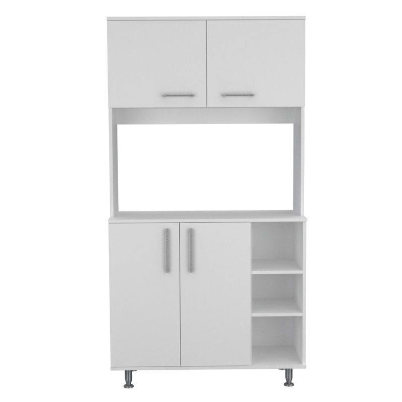Blanc et îlot de cuisine et garde-manger. Divertissez en toute joie. 3 tablettes basses sur l'îlot. Tablettes de rangement en miel Rails de construction en bois - Armoire