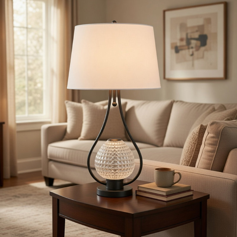 Lampe de table avec veilleuse, corps en verre en forme de diamant Teardrop, métal gris