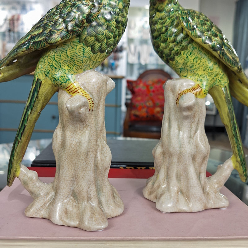 Porcelain Green Parrot Candleholder Pair with Bronze Ormolu